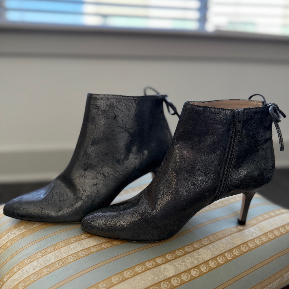 Stuart Weitzman Anthra Metallic Suede Booties – Size 7.5B | NWT $535 Retail